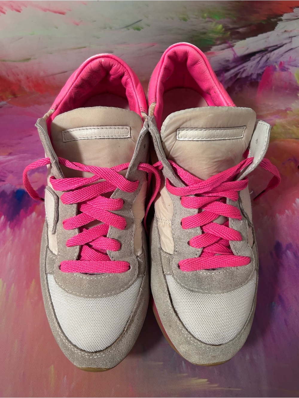 Philippe Model Beige Suede & Mesh Sneakers with Hot Pink Details